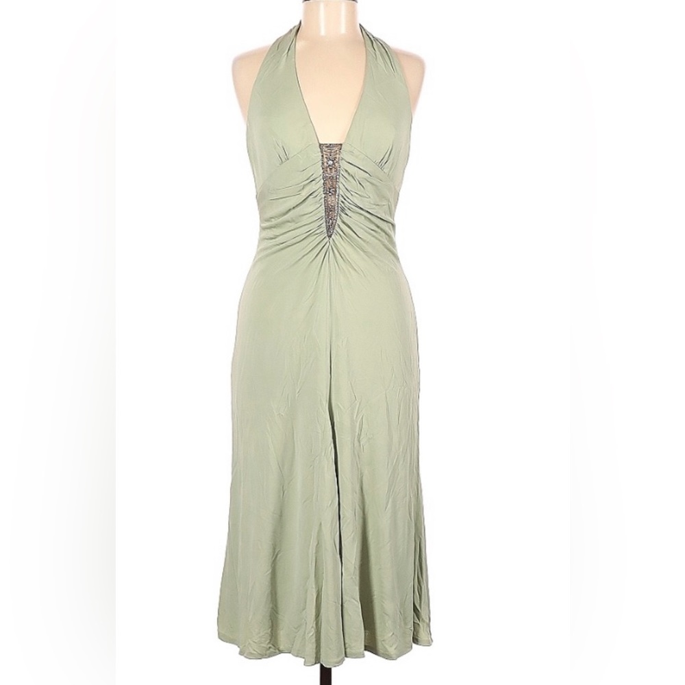 Damaged sage green halter midi dress w rhinestone detailing